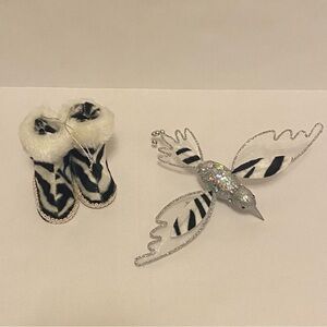 Zebra Print Ornaments Set – Boots & Clip-On Bird – Christmas Decor